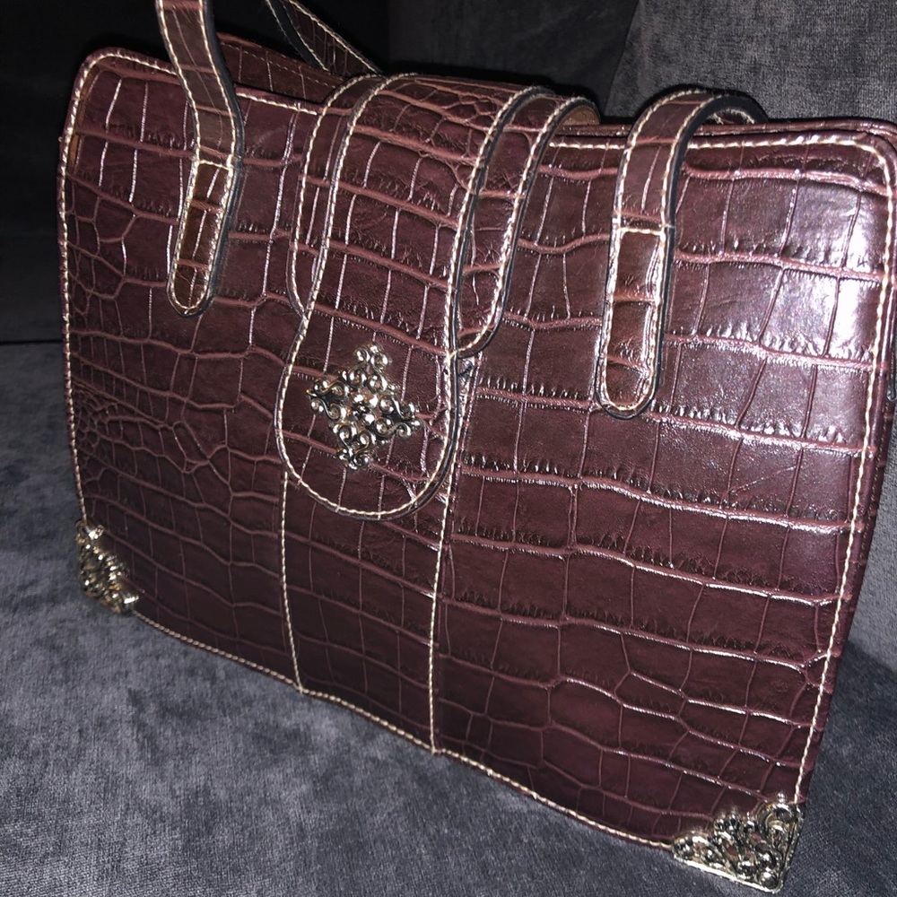 Embellished Croc Embossed Brown Shoulder Bag Silver Accent Purse - Picture 3 of 6